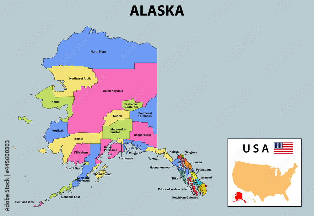 Alaska map. Alaska map with neighboring countries and border in outline.