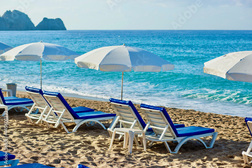 Empty chaise lounges  with sea view on Kleopatra Beach ,Alanya, Turkey