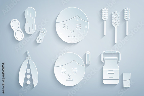 Set Fatigue, Wheat, Kidney beans, Can container for milk, Man with excessive sweating and Peanut icon. Vector