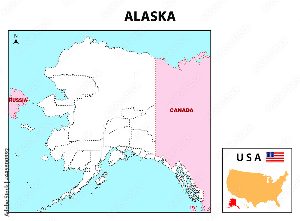 Alaska Map. State and district map of Alaska. Administrative and political map of Alaska with neighboring countries and border in outline.