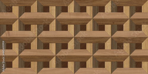 Fototapeta Naklejka Na Ścianę i Meble -  Artistic oak parquet. Intertwining. Design floor. Luxury Art Deco  modern interior. Optical illusions. 3D pattern. Wood floor.  Ornament. Geometric seamless pattern. Wood texture. Endless background.	