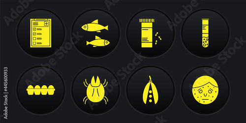 Set Chicken egg in box, Test tube and flask, Parasite mite, Kidney beans, Medicine bottle pills, Fish, Face with psoriasis or eczema and Clinical record icon. Vector