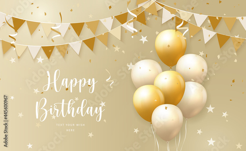 Elegant yellow golden ballon and ribbon flag Happy Birthday celebration card banner template background