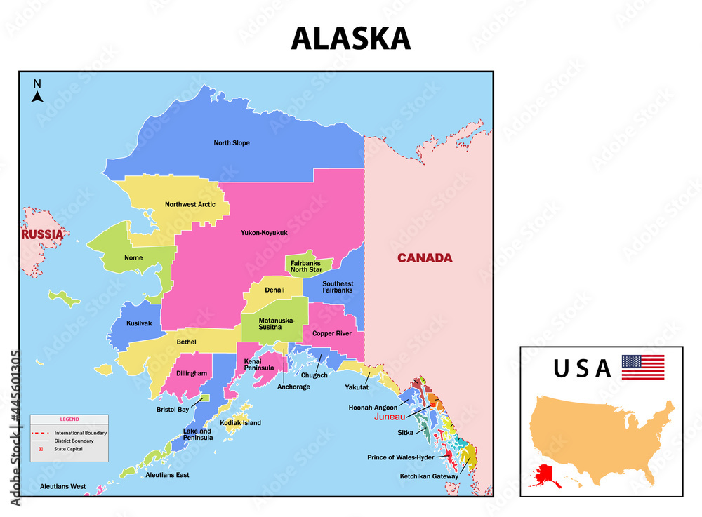 Alaska Map. State and district map of Alaska. Administrative and political map of Alaska with neighboring countries and borders.
