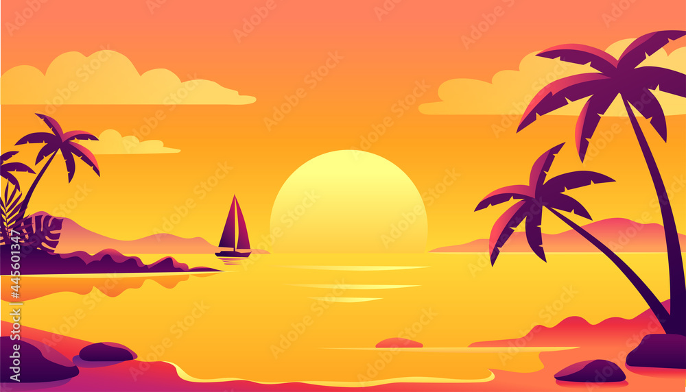 Colorful sunset on the tropical beach island vector illustration