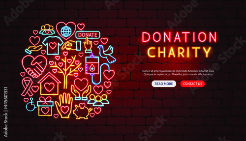 Donation Charity Neon Banner Design. Vector Illustration of Donate Promotion.