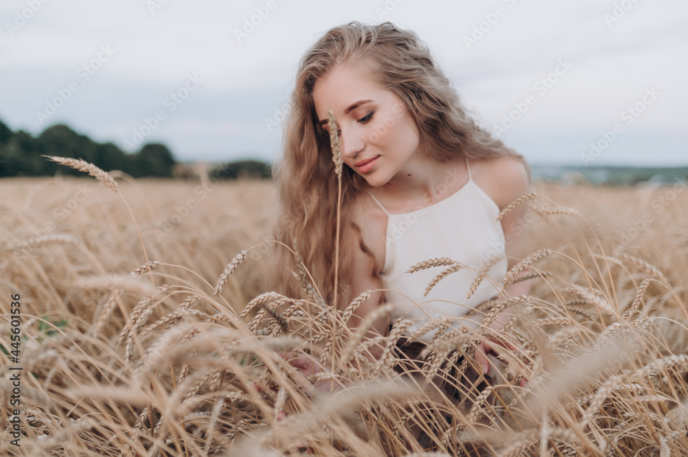 a beautiful girl with long brown hair in a field with ears of wheat a beautiful girl with long brown hair in a field with ears of wheat