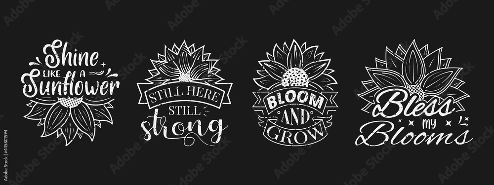 Set of Vector illustration inspirational lettering with sunflower, hand drawn motivational quotes, typography for t-shirt, poster, sticker and card