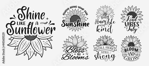 Set of Vector illustration inspirational lettering with sunflower, hand drawn motivational quotes, typography for t-shirt, poster, sticker and card
