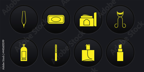 Set Bottle of shampoo, Eyelash curler, Nail file, Perfume, Cream cosmetic tube, Bar soap, Lipstick and Eyebrow tweezers icon. Vector