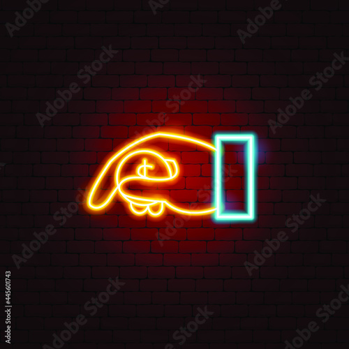 Money Charity Neon Sign. Vector Illustration of Hand Giving Dollar Coin Promotion.