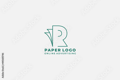 Initial letter R with open book for bookstore, book company, publisher, encyclopedia, library, education logo concept