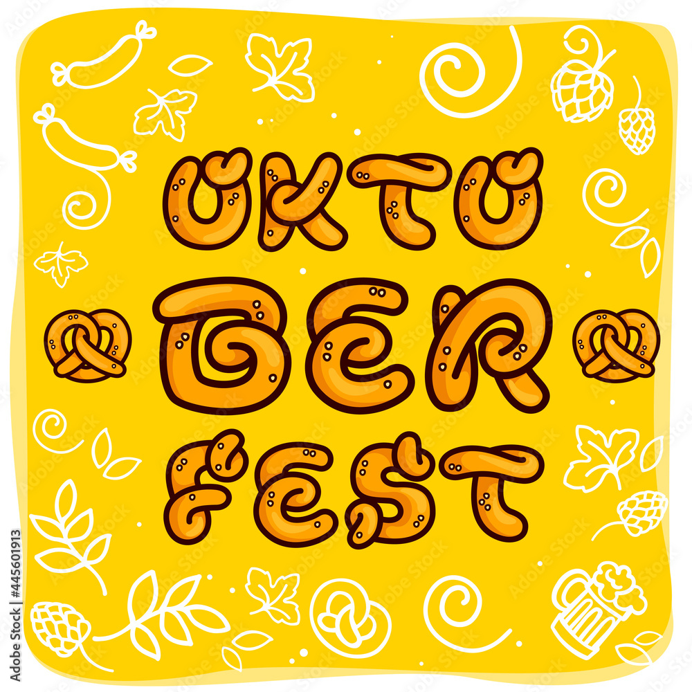 Hand-drawn Oktoberfest lettering made of pretzel. Hand-drawn Oktoberfest lettering made of pretzel.