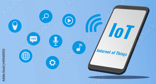 Illustration of smartphone managing internet of things (iot) application music, video, mic, search, setting, chatbot, internet communication and signal location app
