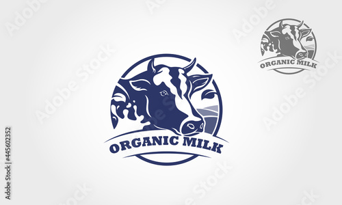 Organic Milk Vector Logo Template. This logo is fresh milk and silhouette of cow head. This logo could be used as the main identity element of organic farm or store, vegetarian restaurant.