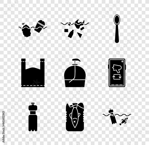 Set Problem pollution of the ocean, planet, Disposable plastic spoon, Bottle water, Stop, Plastic bag and liquid soap icon. Vector