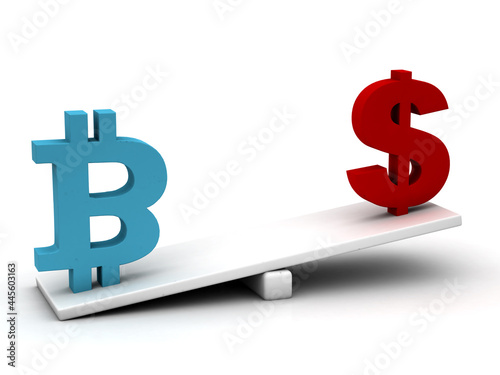 3d rendering abstract dollar sign with bitcoin sign on balance scale board