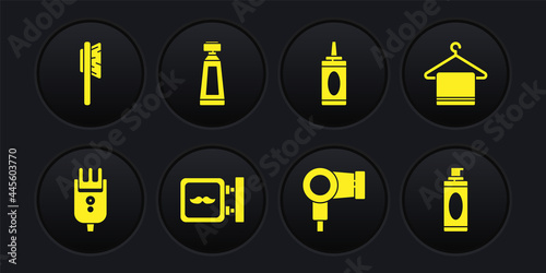 Set Electrical hair clipper or shaver, Towel on hanger, Barbershop, Hair dryer, Bottle of shampoo, Cream lotion cosmetic tube, Shaving gel foam and Hairbrush icon. Vector