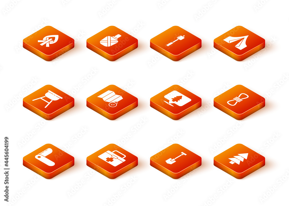 Set Swiss army knife, First aid kit, Barbecue grill, Location of the forest on map, Shovel, Tree and Climber rope icon. Vector Set Swiss army knife, First aid kit, Barbecue grill, Location of the forest on map, Shovel, Tree and Climber rope icon. Vector