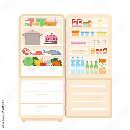 Refrigerator fridge full of food vector illustration. Cartoon refrigerator freezer with open door, vegetables, meat and fish, bottles inside of equipment for home kitchen interior isolated on white