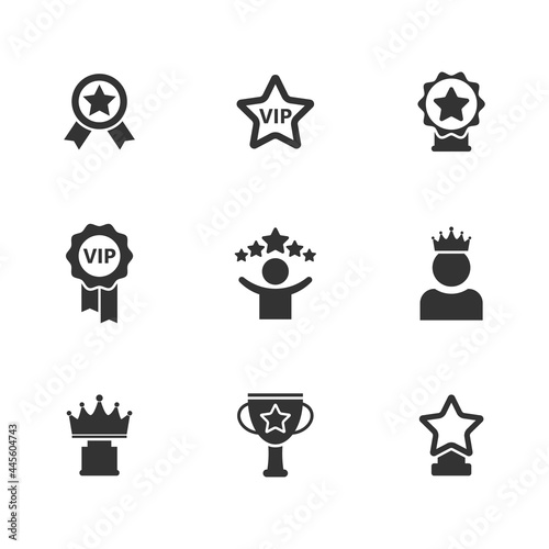 Set of icons with star, vip sign; vector icons with award, trophy cup, user crown