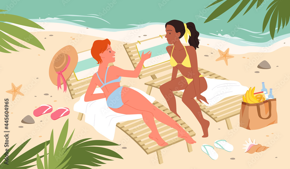 Girls on travel vacation, tropical sea ocean resort vector illustration. Cartoon young happy woman characters sunbathe on summer beach, lying on beach chair, talking and relaxing at seaside background