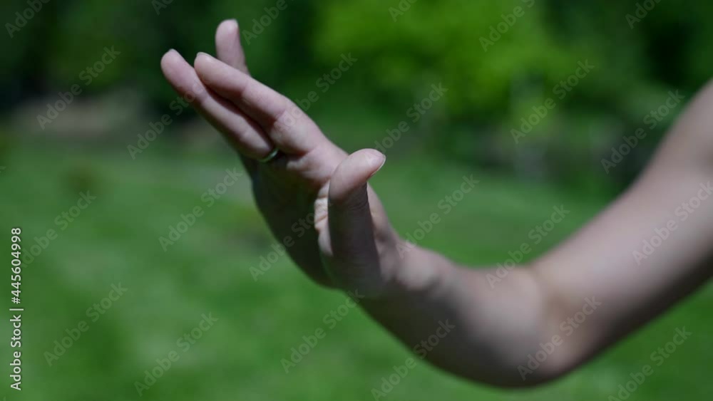 Close - up of a woman hand performing a yoga asana during meditation in a park. Calm down and relax Close - up of a woman hand performing a yoga asana during meditation in a park. Calm down and relax