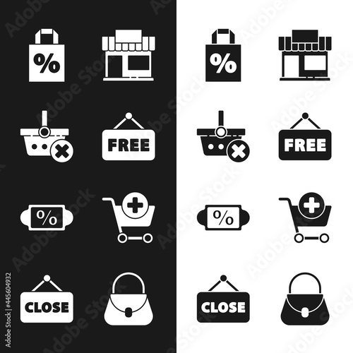 Set Price tag with text Free, Remove shopping basket, Shoping bag percent discount, Shopping building or market store, Discount, Add cart, Handbag and Hanging sign Closed icon. Vector