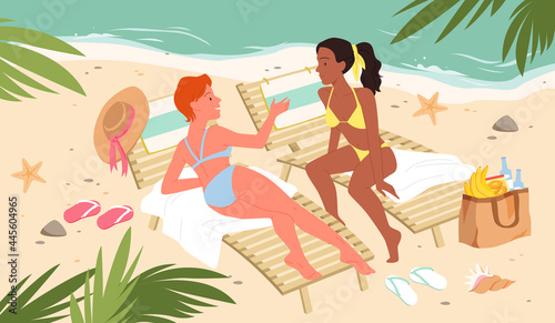Girls on travel vacation, tropical sea ocean resort vector illustration. Cartoon young happy woman characters sunbathe on summer beach, lying on beach chair, talking and relaxing at seaside background