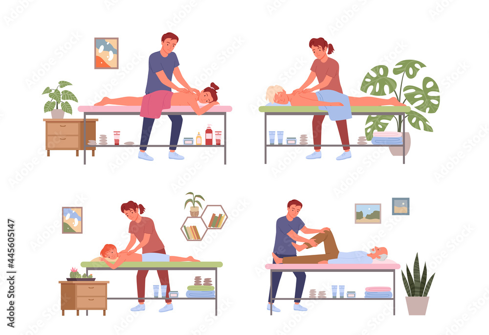 Massage physiotherapy body care, people relax in clinic or massage salon vector illustration set. Cartoon manual therapist doctor character massaging patients, treatment procedures isolated on white Massage physiotherapy body care, people relax in clinic or massage salon vector illustration set. Cartoon manual therapist doctor character massaging patients, treatment procedures isolated on white