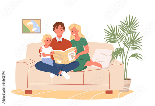 Parents people reading book to kid, happy parenthood vector illustration. Cartoon happy family characters sitting together on cozy sofa couch, cute child listening adventure story isolated on white