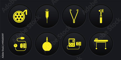 Set Blood pressure, Medical otoscope tool, Enema, tweezers, Syringe, Stretcher and Surgery lamp icon. Vector