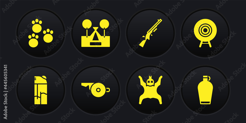 Set Lighter, Target sport, Whistle, Bear skin, Shotgun, Tourist tent, Canteen water bottle and Paw print icon. Vector Set Lighter, Target sport, Whistle, Bear skin, Shotgun, Tourist tent, Canteen water bottle and Paw print icon. Vector