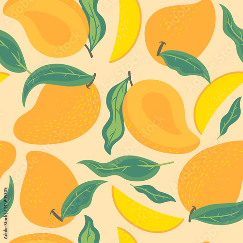 Seamless pattern with mango and leaves. Vector graphics.