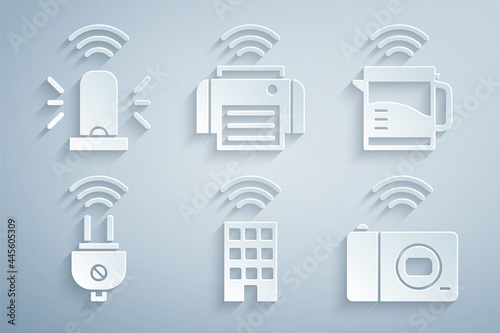 Set Smart home with wireless, electric kettle, plug, photo camera, printer and flasher siren icon. Vector