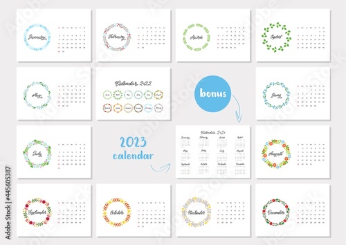 Calendar 2022 template. Monthly calendar 2022 decorated with hand lettered names of months of the year on background of beautiful floral circle frames. Bonus - 2023 calendar. Vector illustration 10 EP photo