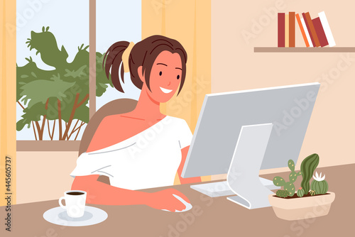 Freelance girl working at home with inspiration vector illustration. Cartoon artist designer student or freelancer character sitting at computer, happy young woman in success business work process