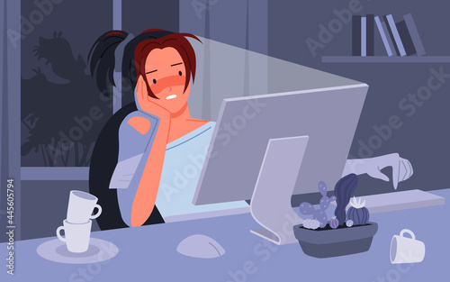 Tired girl working at computer desk late at night vector illustration. Cartoon sleepy freelance or student young woman character sitting with coffee cups in front of monitor to work, study background