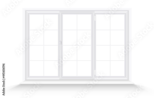 White triple plastic window frame isolated on white background. Wide realistic closed window with slopes  windowsill and shadow. Mockup template for interior design. Vector illustration