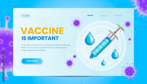 Vaccine landing page design with 3d illustration.