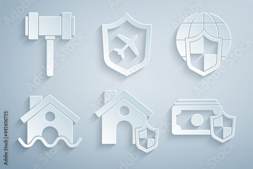 Set House with shield, Shield world globe, flood, Money, Plane and Judge gavel icon. Vector