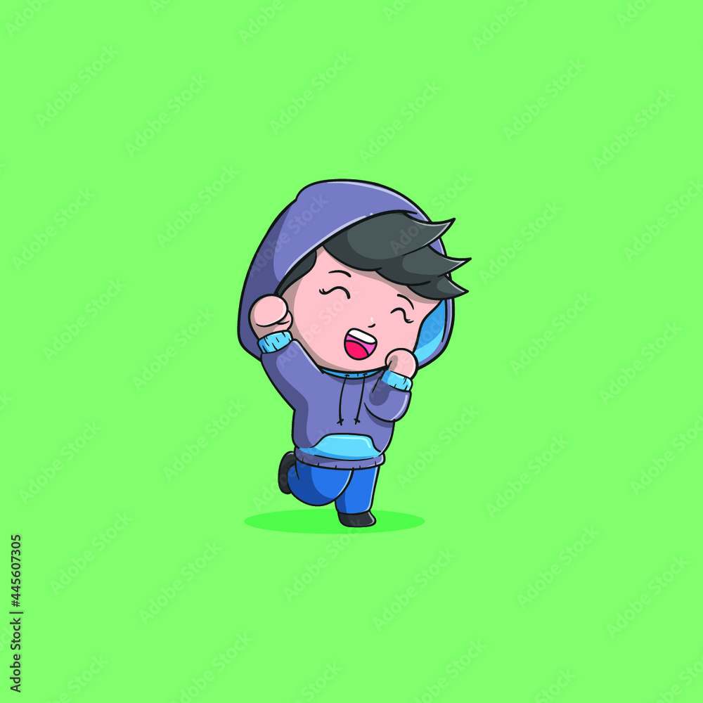 boy feels happy thanks giving Muslim blessing vector icon illustration cute and kawaii version