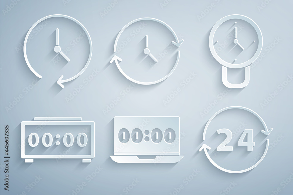 Set Clock on laptop, Digital alarm clock, 24 hours, and icon. Vector Set Clock on laptop, Digital alarm clock, 24 hours, and icon. Vector