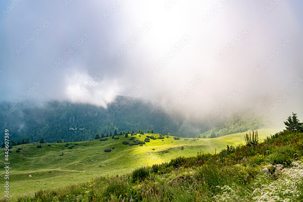 Der Nebel lichtet sich und gibt saftige Wiesen und die Berge frei. Der Nebel lichtet sich und gibt saftige Wiesen und die Berge frei.