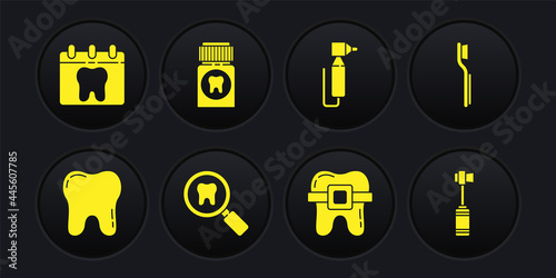 Set Tooth, Toothbrush, Dental search, Teeth with braces, drill, Painkiller tablet, and Calendar tooth icon. Vector