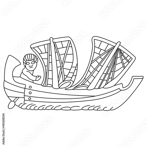 Antique vessel. Sail boat ship. Carthage corbita. Black and white linear silhouette. Ancient Roman motif.