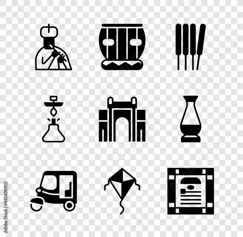 Set Indian man plays flute, Instrument tabla, Aroma sticks, incense, Taxi tuk tuk, Kite, constitution day, Hookah and Gate Delhi icon. Vector