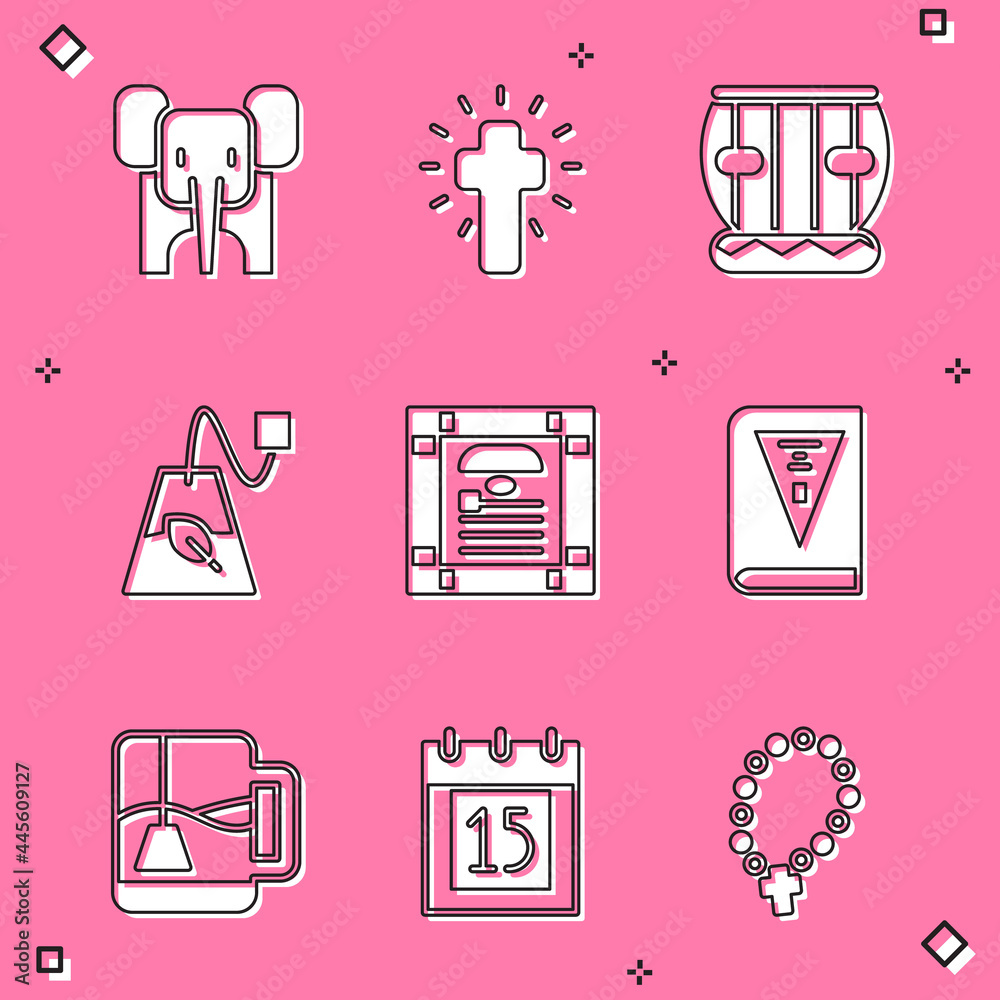 Set Elephant, Christian cross, Instrument tabla, Tea bag, India constitution day, Cup of tea with tea and Independence icon. Vector Set Elephant, Christian cross, Instrument tabla, Tea bag, India constitution day, Cup of tea with tea and Independence icon. Vector