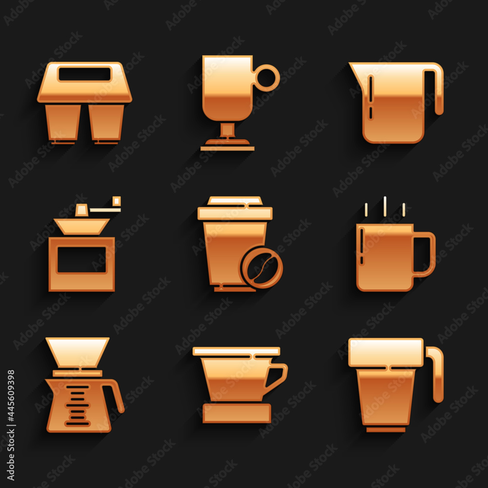 Set Coffee cup to go, V60 coffee maker, Pour over, Manual grinder, pot and icon. Vector Set Coffee cup to go, V60 coffee maker, Pour over, Manual grinder, pot and icon. Vector