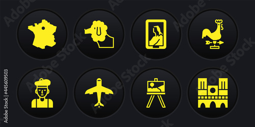 Set French man, Rooster weather vane, Plane, Easel or painting art boards, Portrait museum, Poodle dog, Notre Dame and Map of France icon. Vector